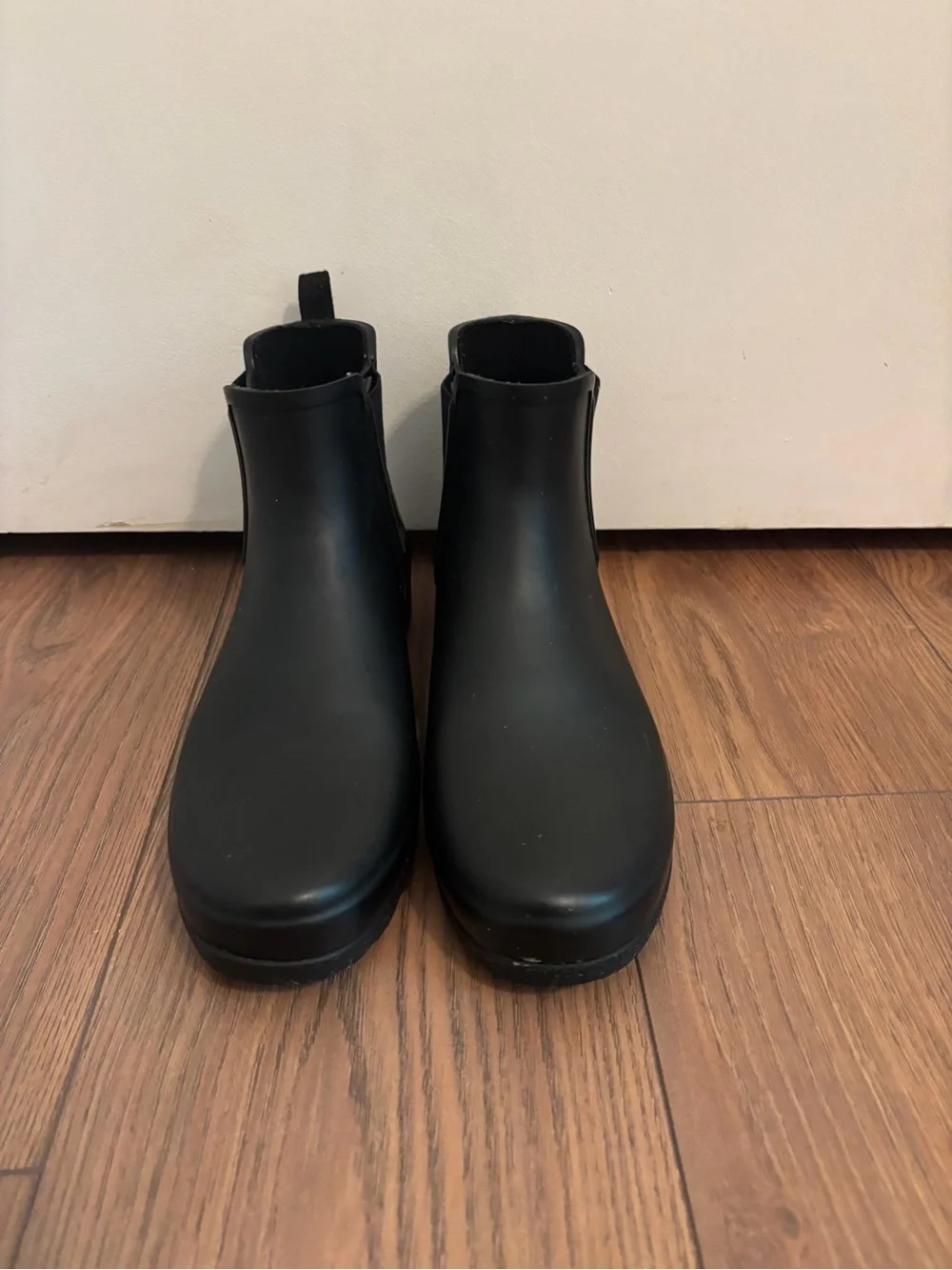 Hunter Black Rubber Slip-On Rain Boots with Treaded Outsole
